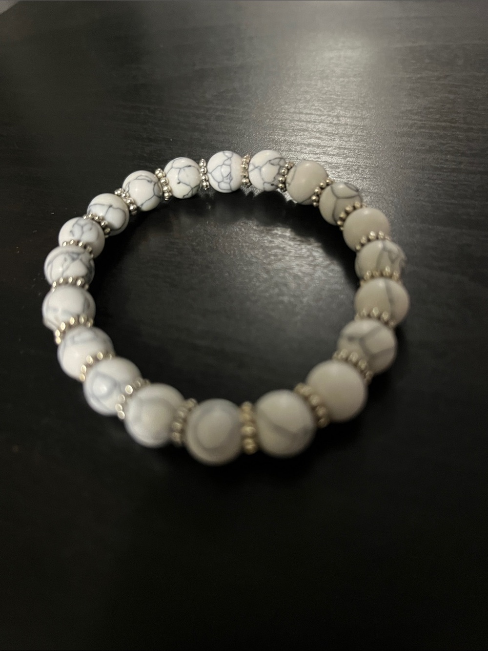 White Howlite Beaded Stretch Bracelet with Silver Accents